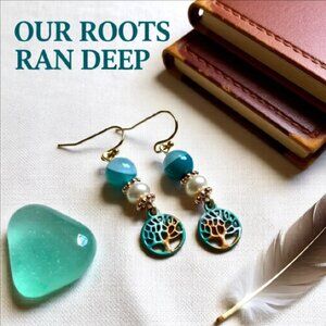 Tree of Life Patina Painted Agate + Pearl Dangle Earrings Handmade Lightweight